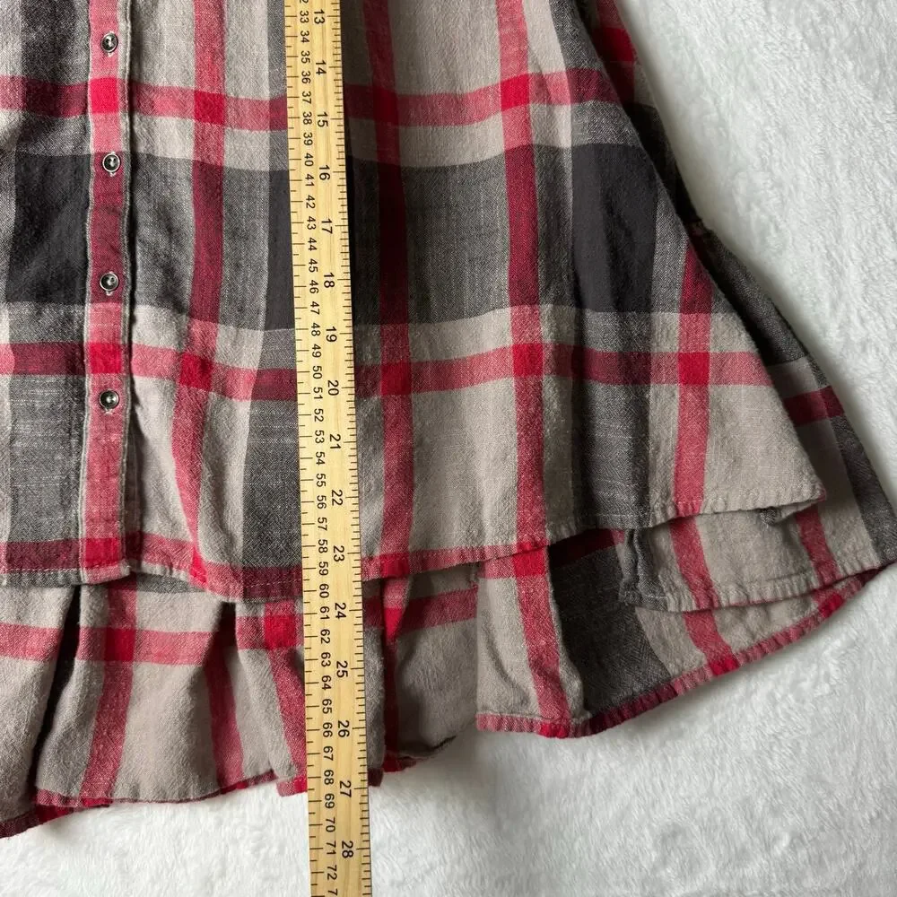Free People Plaid Peplum Top XS | Red Grey Ruffle Hem Oversize Boho Blouse